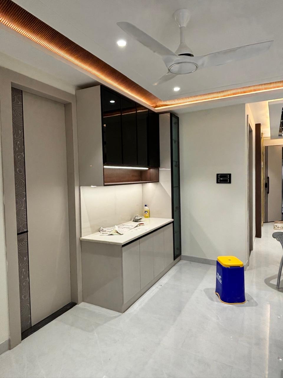 Modern development at night with illuminated facades